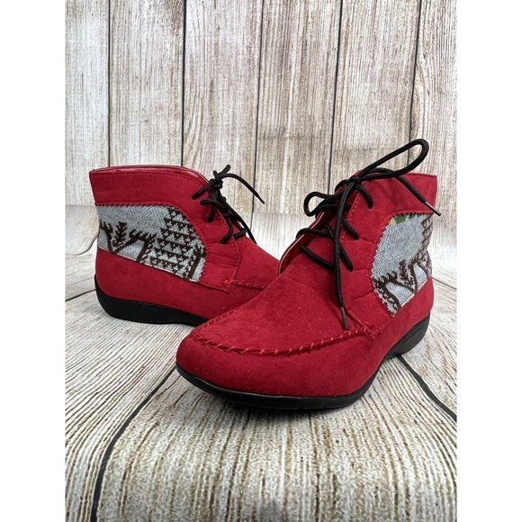 Women Ankle Moccasin Booties Ankle Boots Sz 7W Red Faux Suede Lace Up Boho - Picture 2 of 10